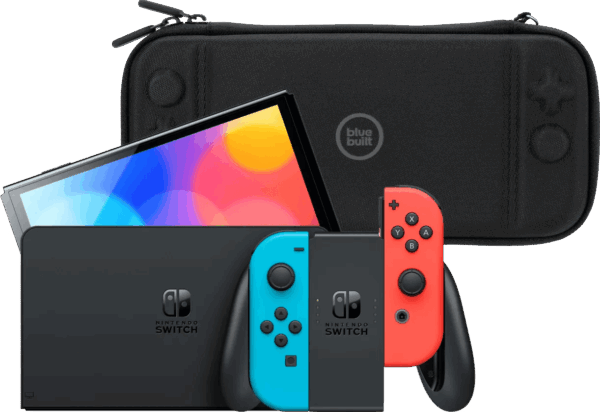 Nintendo Switch OLED Blauw/Rood + BlueBuilt Beschermhoes