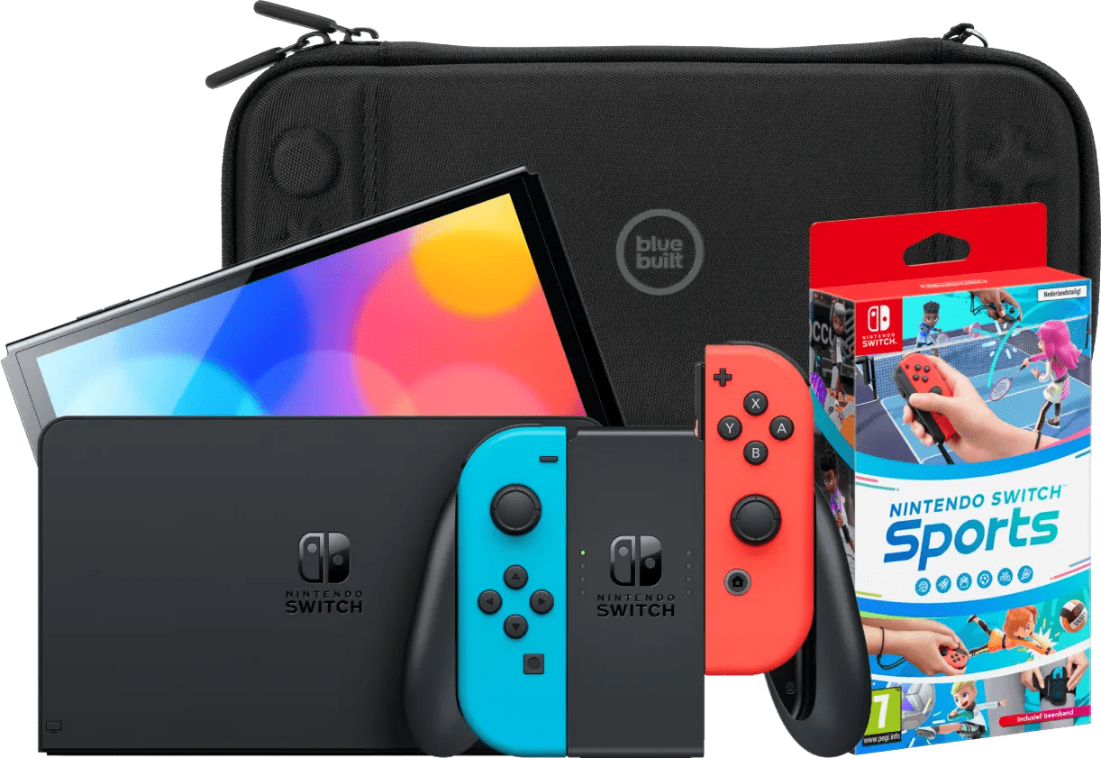 Nintendo Switch OLED Blauw/Rood + Nintendo Switch Sports + BlueBuilt Beschermhoes