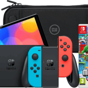 Nintendo Switch OLED Blauw/Rood + Super Mario Bros. Wonder + BlueBuilt Beschermhoes