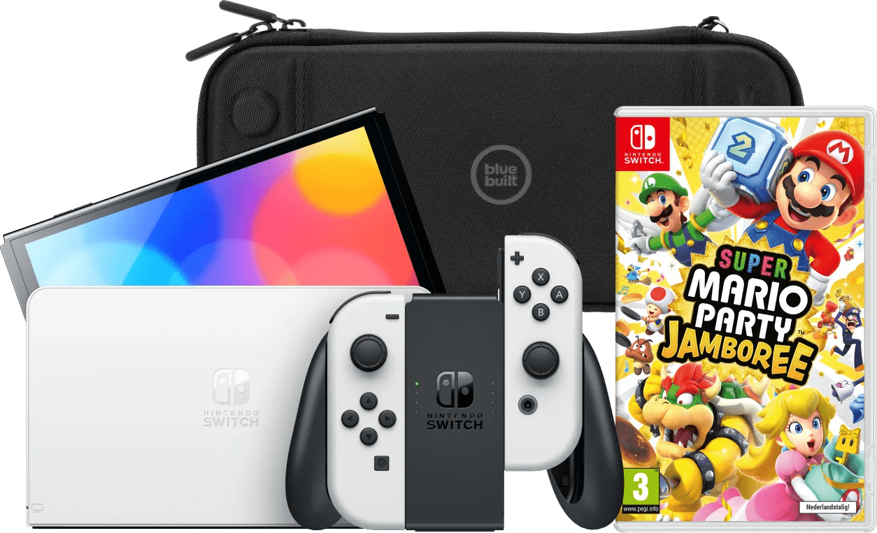 Nintendo Switch OLED Wit + Mario Party Jamboree + BlueBuilt Beschermhoes