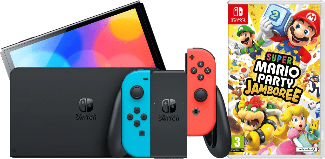 Nintendo Switch OLED Blauw Rood + Mario Party Jamboree