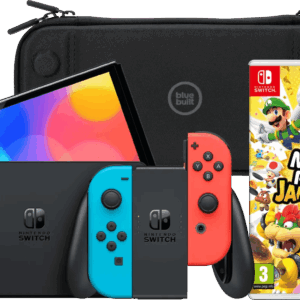 Nintendo Switch OLED Blauw/Rood + Mario Party Jamboree + BlueBuilt Beschermhoes